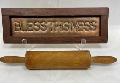 Wood Rolling Pin and Bless This Mess Copper Sign
