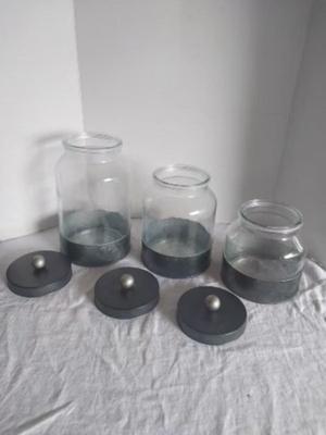 THREE PIECE GLASS CANISTERS WITH LIDS