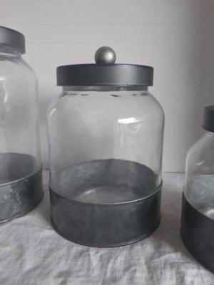 THREE PIECE GLASS CANISTERS WITH LIDS