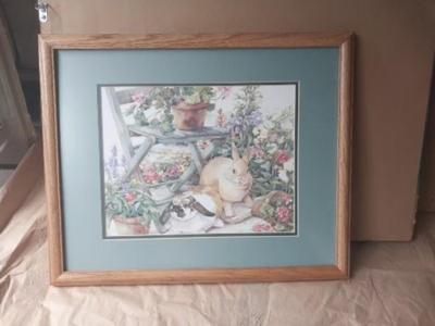 FRAMED BUNNY/GARDEN ARTWORK AND DECRO WATERCAN