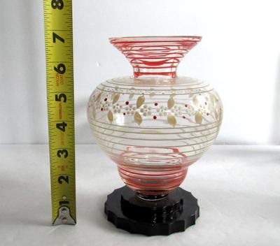 Old Art Deco Art Glass Hand Enameled Vase