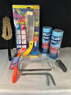 Lot 38. Two Saws, Shop Towels, Wire Brush...