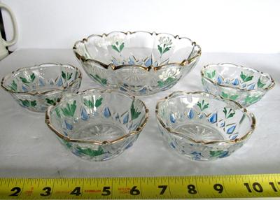 Nice Old Pressed Glass Hand Painted/Enameled Berry Bowl Set
