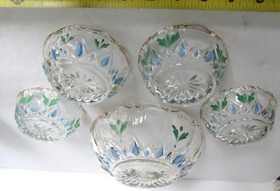 Nice Old Pressed Glass Hand Painted/Enameled Berry Bowl Set