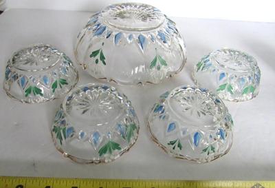 Nice Old Pressed Glass Hand Painted/Enameled Berry Bowl Set