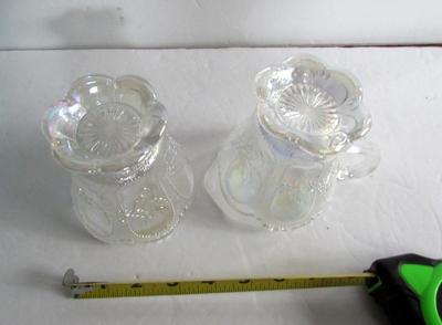 Older Mosser Glass Clear Carnival Sugar/Creamer Set, Beaded Ovals in Sand w/Holly & Berries