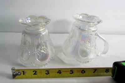 Older Mosser Glass Clear Carnival Sugar/Creamer Set, Beaded Ovals in Sand w/Holly & Berries