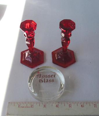 Old Mosser Glass Paperweight and Miniature Red Candlesticks