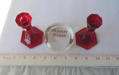 Old Mosser Glass Paperweight and Miniature Red Candlesticks