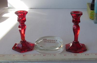 Old Mosser Glass Paperweight and Miniature Red Candlesticks