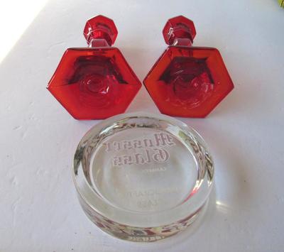 Old Mosser Glass Paperweight and Miniature Red Candlesticks