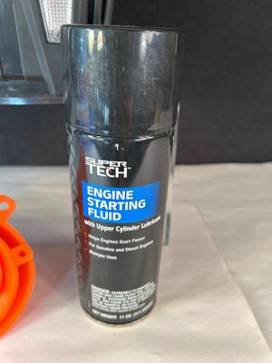 Lot 95. Car Starter, Starting Fluid, New Funnels