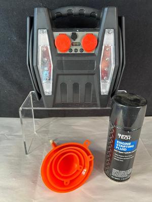 Lot 95. Car Starter, Starting Fluid, New Funnels