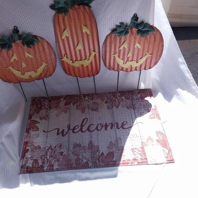 THREE METAL YARD PUMPKINS AND FALL WELCOME MAT
