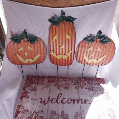THREE METAL YARD PUMPKINS AND FALL WELCOME MAT