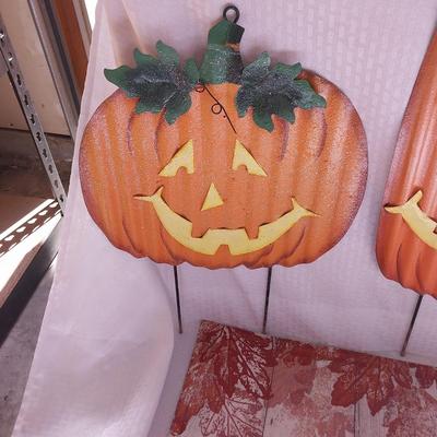 THREE METAL YARD PUMPKINS AND FALL WELCOME MAT