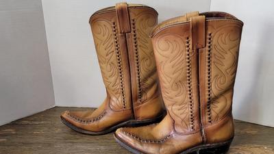 Double-H Cowboy Western Boots Vintage US Made Patina Saddle Stitch Men's 7.5 D