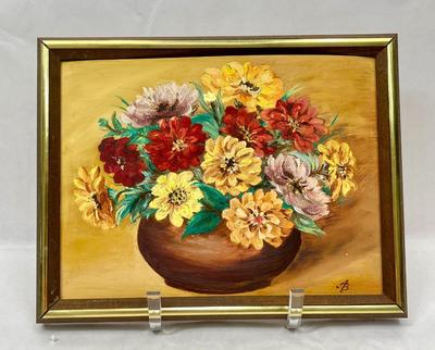 Oil on Canvas Still Life: Flowers in Bowl signed