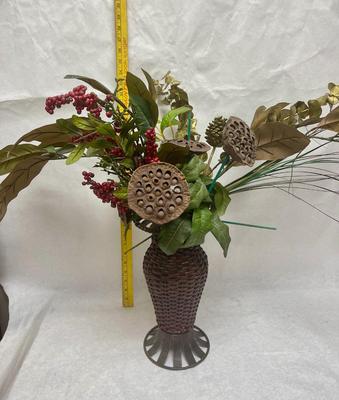 Rattan & Metal Vase with Faux Floral Arrangements
