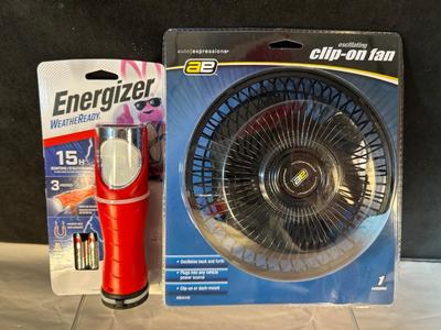 Lot 110. Clip-On Car Fan and New Flashlight