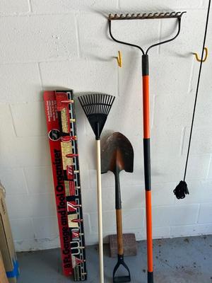 Lot 155. Garage Tool Organizer and Lawn Implements