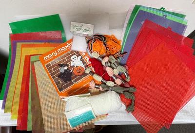 Simple Kids Crafting Supplies Lot - plastic canvas in many colors, foam cutouts, yarn, etc