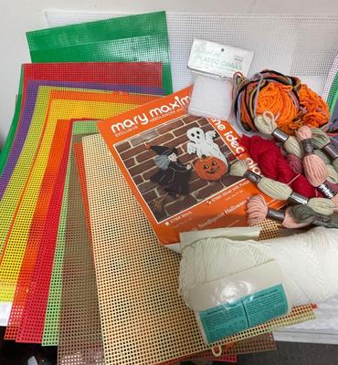 Simple Kids Crafting Supplies Lot - plastic canvas in many colors, foam cutouts, yarn, etc