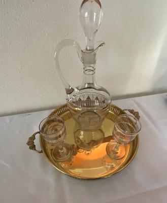 Glass/gold decanter w/ wine glass and serving tray