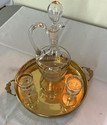 Glass/gold decanter w/ wine glass and serving tray