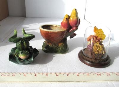 Old Pottery Planter, Butterfly in Dome and Plastic Frog