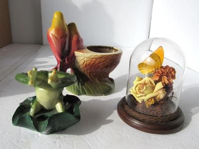Old Pottery Planter, Butterfly in Dome and Plastic Frog