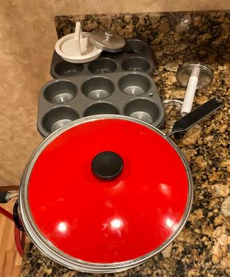 Red fry pan plus cup cake pans