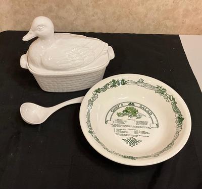 Soup tureen, ladle, bowl