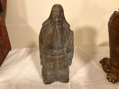 Vintage Chinoiserie Hand Carved Wood Immortal Statue 13”