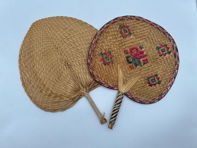 Two Vintage Handwoven Straw Handheld Fans (2)