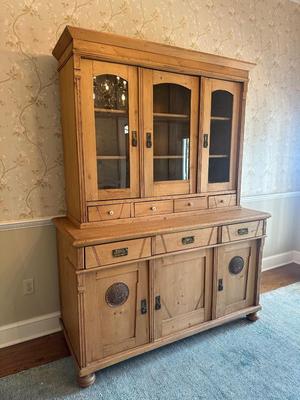Vintage Pine Buffet and Hutch Display Cabinet