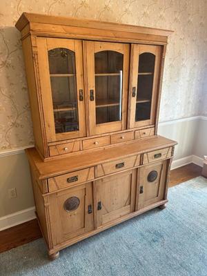 Vintage Pine Buffet and Hutch Display Cabinet