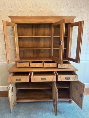 Vintage Pine Buffet and Hutch Display Cabinet