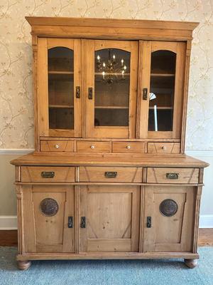 Vintage Pine Buffet and Hutch Display Cabinet