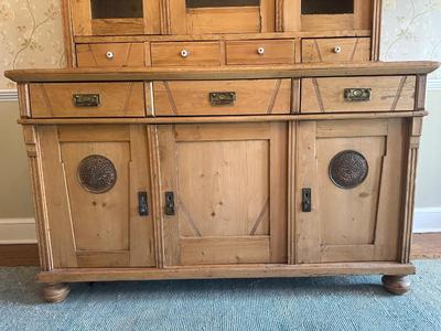 Vintage Pine Buffet and Hutch Display Cabinet