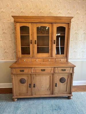 Vintage Pine Buffet and Hutch Display Cabinet