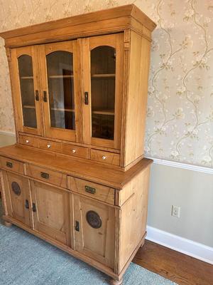 Vintage Pine Buffet and Hutch Display Cabinet