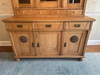 Vintage Pine Buffet and Hutch Display Cabinet