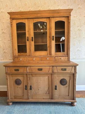 Vintage Pine Buffet and Hutch Display Cabinet