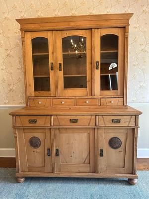 Vintage Pine Buffet and Hutch Display Cabinet