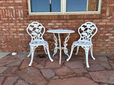 WROUGHT IRON ROSE DESIGN PATIO TABLE AND 2 CHAIRS
