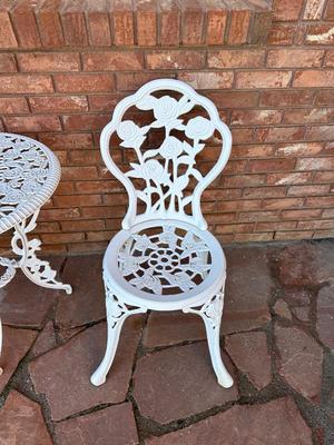 WROUGHT IRON ROSE DESIGN PATIO TABLE AND 2 CHAIRS