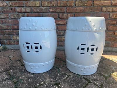 Two Ceramic White Garden Stools