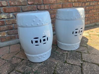 Two Ceramic White Garden Stools