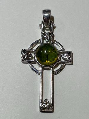 Vintage Sterling Silver Celtic Cross from Ireland with Clover in the Stone in Good Preowned Condition.
